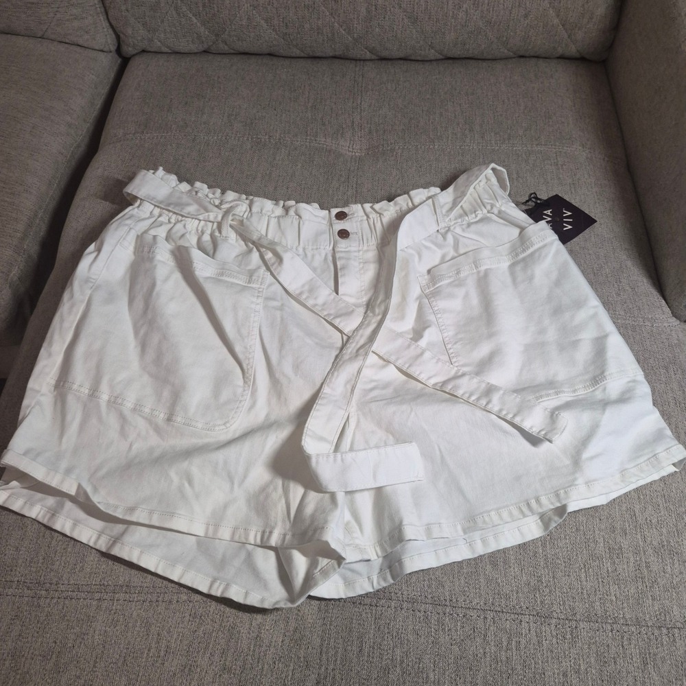 Ava & Viv Womens White Denim Paperbag Utility Shorts High Rise Belted Plus Size